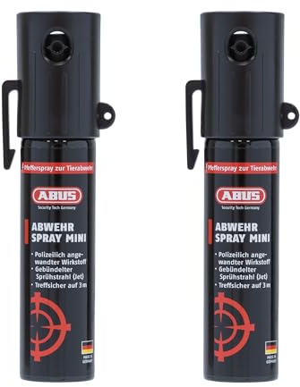 ABUS Abwehrspray SDS80 Mini zur Tierabwehr – Pfefferspray zur Selbstverteidigung bei Tierangriffen – Jet-Sprühstrahl für bis zu 3 m Reichweite – für Hand- und Jackentaschen - je 20 ml - 2er Set