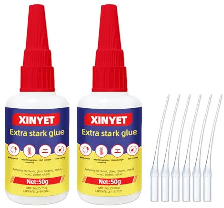 Xinyet Transparente Colle Forte, 2 Flacons de Colle Forte Rapide Glue Extra Forte de 50ml, Super Glue, pour coller du plastique, du verre, du vinyle, de l'acrylique, du PVC, du métal, etc