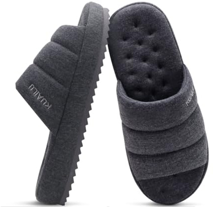 KuaiLu Zapatillas de Hombre Mezcla de Algodón Tejido Caliente Slides Sandalias Confortable Soporte del Arco Interior Exterior Zapatos de Casa Slip-on Ligero Grueso Cojín Chanclas, Gris 43