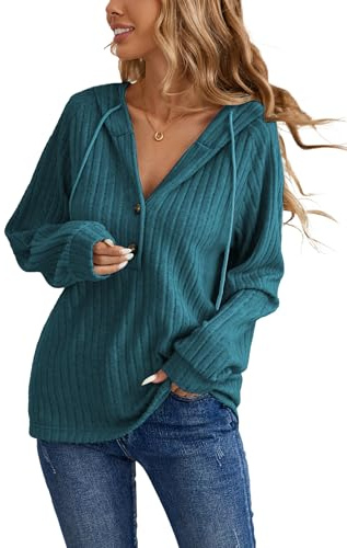 iChunhua V Neck Hoodies Womens Button Up Long Sleeve Tops With Hood Autumn Winter Warm Ladies Hooded Sweatshirt Blue Green XL