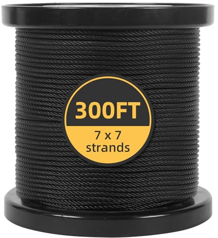 TFONSIGI 300FT T316 Black Stainless Steel Cable for Railing, 1/8 Wire Rope Cable for Deck Railing, 7 x 7 Strands Aircraft Cable for Rail Stair Fence Deck