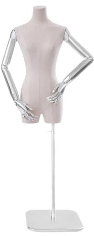 HuKaiL Maniquí de costura para mujer, maniquí de planchado con altura ajustable 120-210 cm, torso annequin desmontable con tela de gamuza para exhibir ropa, plata y beige