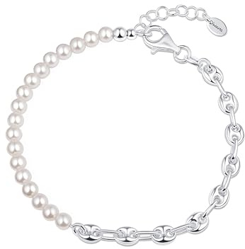 Amberta Pulsera de Perlas en Plata de Ley 925 para Mujer | Pulsera de Eslabones con Perlas Simuladas, Regalos de Joyería para Mujer Boda Invitada Talla Regulable: Cadena Calabrote