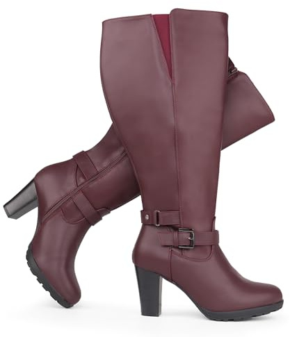 Chicblooms Bottes pour femme grande taille avec tige extra large et talon haut avec boucle à la cheville, Polyuréthane bordeaux, 38 EU