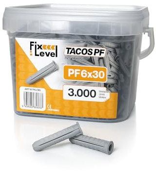 Tacos pared - Caja en Cantidad de Tacos - FixLevel - Tacos Pladur - Material Nylon - Diferentes Medidas 6mm, 8mm, 10mm - Tacos universales (6 mm, 3000, Unidad)