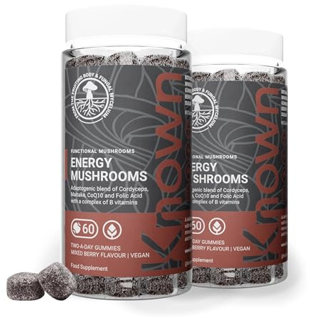 Known Tasty Energy Mushrooms Gummies - B Vitamins & Cordyceps - Energy & Fatigue - Natural Mixed Berry Flavour - 60 Vegan Gummies, 2 Month Supply