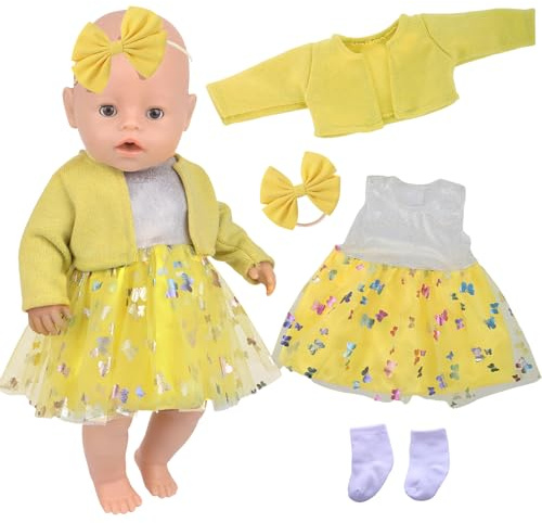 Vêtements de poupée de 14 à 18 pouces, ensemble robe en gaze jaune comprenant une robe à paillettes, une veste jaune, un nœud et des chaussettes jaunes, jolies tenues de poupée de 43 cm, cadeau d'anni