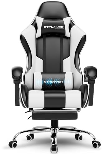 GTPLAYER Silla de Oficina para Gaming, Masaje, sillón, Silla ergonómica para Gamer, con reposapiés, reposacabezas, cojín Lumbar, Acolchado, Silla giratoria, Color Blanco