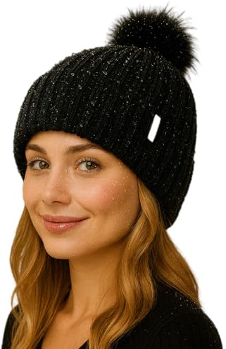 TOP-EX Waterproof Winter Pom Knit Skull Beanie Hat for Women Stocking Cap Warm Fleece Lined with Cute Faux Fur Ski Snow Windproof Black