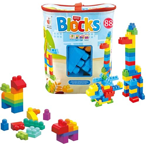 RSAFSBY 88 Pieces Building Blocks Set for Kids, Rainbow Colors, Educational Construction Toy, Large Size Blocks, Storage Bag Included, Ages 3+