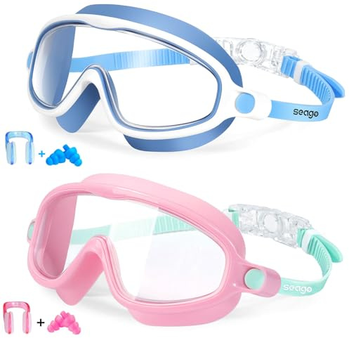 Seago Kids Goggles for Swimming 2 Pack Anti-Fog No Leaking Outer Eye Fit with Wide View UV Protection Crystal Clear Watertight Swim Goggles with nose cover Suitable for Youth Boys Girls Age 3 to 14