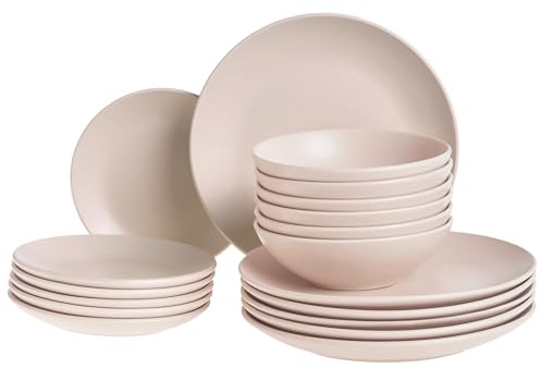 Set di 18 piatti in gres fatto a mano con finitura smaltata color beige chiaro
