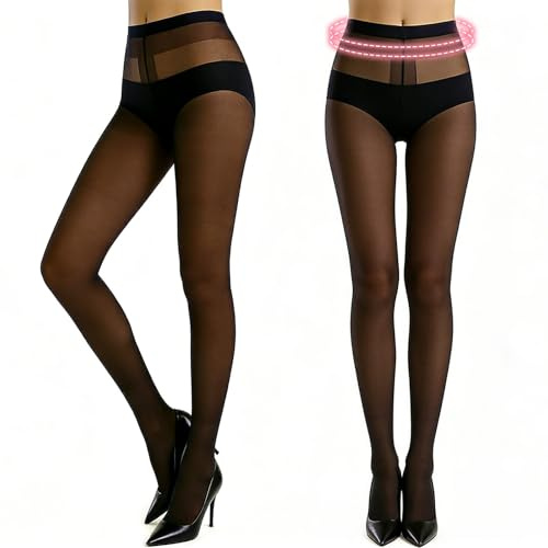 AMOturuxient 30 Denier Black Sheer Tights 2 Pairs, Women High Waist Semi-Sheer Pantyhose, Run Resistant with Reinforced Toe, Soft Comfort Waistband