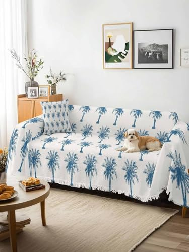Blue Palm Trees Sofa Cover Blanket Couch Covers for Armchair Cushion,Couch Sofa Silpcover with Tassel,Summer Botanical Tropical Plants Living Room Bedroom Throw Towel Blanket Covers XX-L 71x150