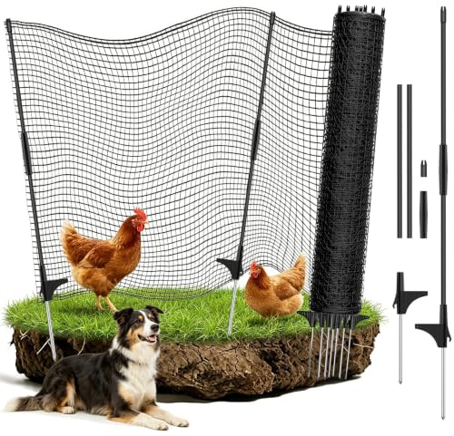 Kycklingstaket, mobilt betesstängsel, RIFNY 80 cm x 15 m hundstängsel, camping, instickbart trädgårdsstaket med stolpar, finmaskigt nät för hundar, höns och smådjur