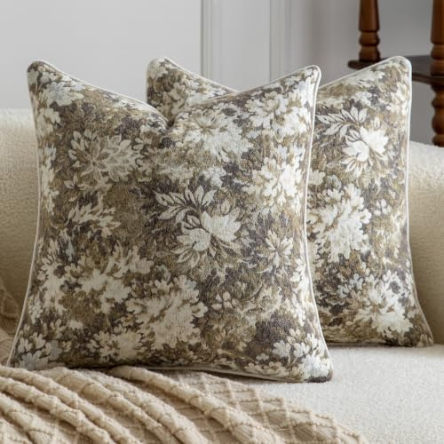 MADIZZ Förpackning med 2 dekorativa kuddöverdrag 40 x 40 cm elfenben guld brungrå vintage blommiga prydnadskuddar mjuk solid jacquard kuddfodral för soffa sovrum vardagsrum