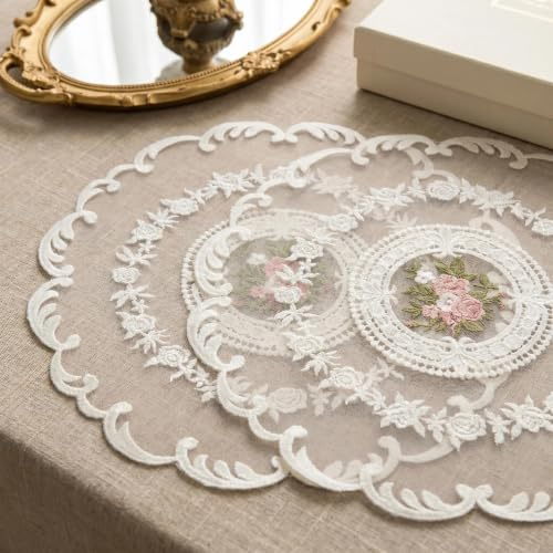DiiWmme 2 Stück Spitzendeckchen, 32 cm Rund Retro Tischdeckchen Stickerei Spitze Platzdeckchen Französische Blumen Tischsets für Küche Esszimmer Kommode Hochzeit Party Dekoration