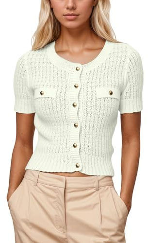 Women’s Knitted Button Front Cardigan Short Sleeve Open Sweater Coat With Metallic Round Neck For Casual Wear