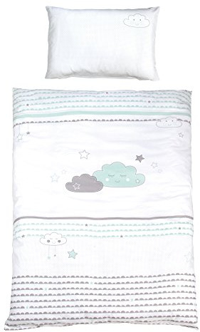 roba Kinderbettwäsche 100 x 135 cm - Happy Cloud - Bettwäsche Set für Mädchen & Jungen - 2-teilig inkl. Decken & Kissenbezug aus Baumwolle - Wolken Motiv - Mint / Weiß