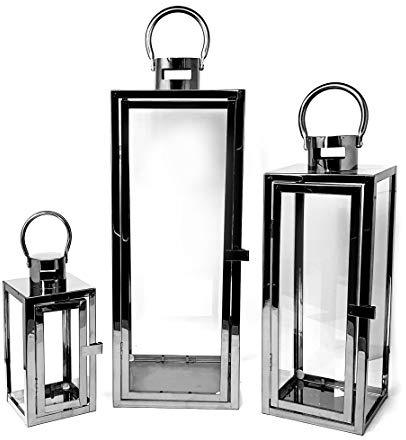 Allgala 3-PC Lantern Set 23 Inch Jumbo Deluxe Modern Indoor/Outdoor Candle Lantern Set Stainless Steel Frame Tempered Glass Rectangular Black for Garden Poolside Fireplace Wedding