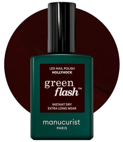 Manucurist Green Flash LED Hollyhock - Black Cherry Red Gel Nail Polish - Blackish Red Gel Polish - Vegan, 12-Free, Plant-Based - Strengthens and Protects the Nail - Made in France - 15 ml