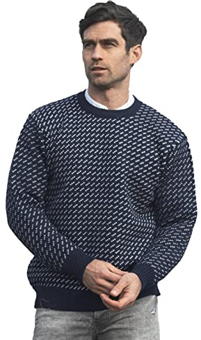 Aran Crafts Suéter noruego para hombre, azul marino/blanco, L