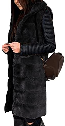 Onsoyours Femme Gilet Veste à Capuche en Fausse Fourrure Gilet Long Manteau sans Manches Femmes Hiver Chaud Vestes C Noir 3XL