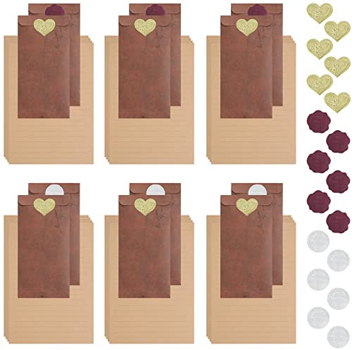 Briefumschlag Briefpapier Set,50Pcs Briefpapier und Briefumschläge, Vintage Schreibpapier Set mit 18 Stück Rotbraune Briefumschläge,18 Stück Wachssiegel Aufkleber