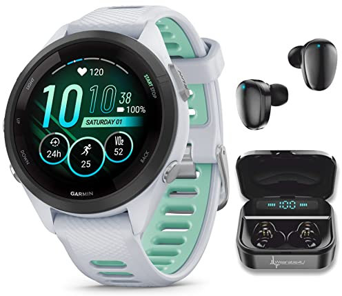 Wearable4U Garmin Forerunner 265S Music GPS Running 42 mm Smartwatch, Whitestone with AMOLED 1.1in Touchscreen Display Black Earbuds Bundle, White +Blk EarBuds