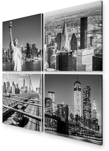 B&D XXL - Ensemble de 4 tableaux d'art décoratif 40x40 cm - Tableau acoustique panneau insonorisant - Architecture manhattan new york city gratte-ciel de la statue de la liberté d-B-0176-b-i