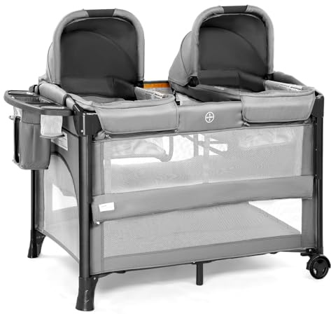 JOYMOR Twin Bassinet for Baby, Bedside Bassinet, Convertible to Bedside Sleeper and Playpen, with Wheel, Brake, Foldable Side Sleeper, Gray