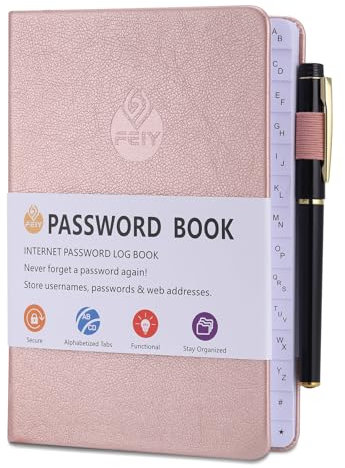 JIANTA Passwortbuch, Passwortbuch mit Register A-Z, und Gelstifte, Organizer für Websites, Benutzernamen und Passwörtern, Platz für 480 Passwörter, mit Stiftschlaufe, Gummiband, Innentasche(Rose)