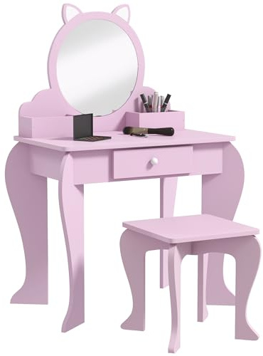 ZONEKIZ Kids Dressing Table, Kids Vanity Table, Girls Dressing Table with Mirror, Stool, Drawer, Storage Boxes, Cat Design, for Ages 3-6 Years - Pink