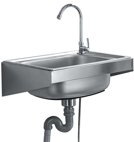 Lavello in acciaio inox lavamani lavello a muro lavello da campeggio lavello con rubinetto lavello in acciaio inox per garage, officina, lavanderia, bagno (48x35cm)