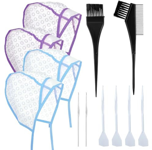 Bewudy 12 Pcs 4 Sets of Highlight Cap with Hooks, Hair Highlighting Caps, Highlight Hair Coloring Frosting Dye Kit for Salon Hair Dyeing Hairdressing (Purple+Blue)