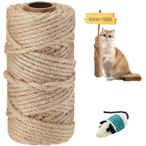 YeaHapiday Sisal Rope 50m x 6mm hemp Rope for cat scratcher Natural Jute Rope with 1 Cat Mouse Toys for Replace Scratching Post, Garden Bundling, Craft Decoration Repair Cat Tree, DIY Projects