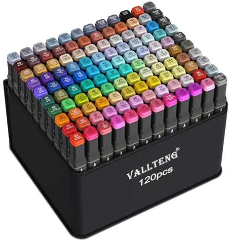 Vallteng Alcohol Markers Set 120 Colours,Permanent Art Markers Set,Dual Tips Colouring Pens for Adult Drawing Coloring Illustration Graphic Designing with Carrying Case and Base