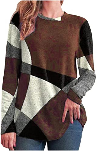 NZYIHAO Jersey de franela para mujer, elegante, manga larga, estampado geométrico, cuello redondo, camiseta ligera, manga larga, túnica, tallas grandes, blusa, cómoda, ropa de calle, #01 Café., XXXXL