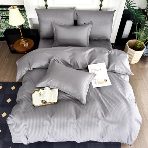 Amolavet Juego de ropa de cama de hotel 135 x 200 cm, algodón gris, 2 piezas, 135 x 200 cm, satén mako, diseño de rayas, color gris con cremallera, para todo el año