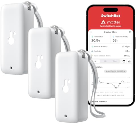 SwitchBot Thermomètre Hygromètre Intérieur Extérieur, Thermomètre Bluetooth Extérieur Mesure d'humidité, Thermo-Hygromètre Précis avec APP, Mémoire de données pour serre Cave à vin (Pack de 3)
