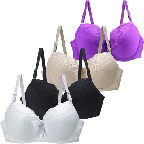 Lot de 4 soutiens-gorge en dentelle pour femme avec armatures push-up - Grandes seins - Maintien solide - Bretelles réglables - Bralette classique souple - Rembourré - Confortable - Sous-vêtements