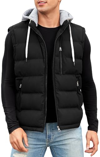 CMTOP Chaleco Hombre con Capucha Repelente al Agua Chalecos, Cálido Invierno Gilet con Cremallera Ligero Térmico Chaqueta Sin Mangas BodyWarmer Vest con Multibolsillos(Negro,XL)