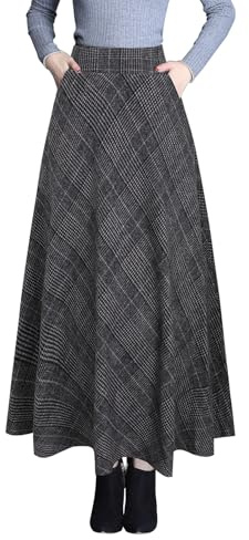 Lång damkjol, elegant, maxi, vinterkjol, rutig, varm, ullkjol, hög midja, rutiga kjolar, höst, elastisk midja, vintage, A-linje, ledig, midi, veckad kjol, 890 mörkgrå, XL