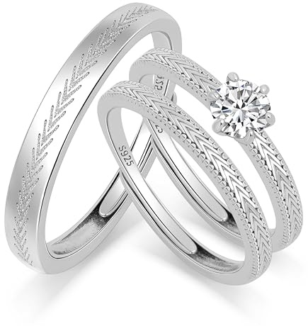 Meissa Alianzas Anillos de Compromiso para Pareja Plata de Ley 925 Mujer 2mm con y sin Circonita 0,28ct + Hombre 3mm Ajustables Regalo Boda Promesa Aniversario, Juego de 3
