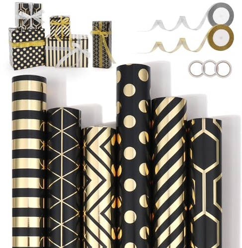 Ambesty 6 Rouleaux de Papier d'Emballage de Cadeau, Rouleau Papier Cadeau Noël avec Rubans, 3M x 43cm par Rouleau, Impression Dorée pour Anniversaire, Mariage, Baby Showers, Noël (Noir et doré)