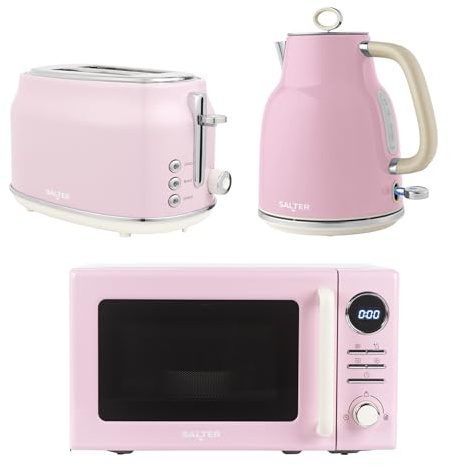 Salter Retro Pink Kettle, Toaster & Microwave Set – 1.7L Rapid Boil Kettle, 2-Slice Toaster with 6 Browning Levels, 20L Digital Microwave with 8 Cook Presets & 25.5cm Glass Turntable