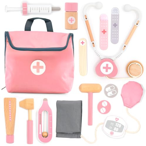 UMU® Mini Maletín de Doctor Infantil de Madera - Juego de Médico 14 Piezas con Estetoscopio, Tensiómetro y Más, Set de Juego de rol para Niñas a Partir de 3 4 5 6 Años