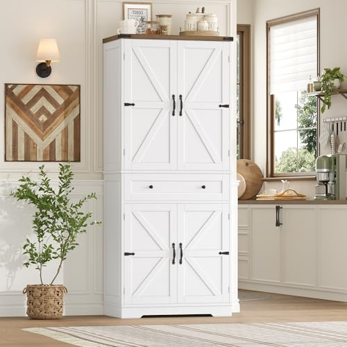 hefoths Küchenschrank, Buffetschrank Küchenbuffet mit 4 Türen und Schubladen, Vorratsschrank Hochschrank Küche mit 5 Staufächer für Küche, Wohnzimmer und Esszimmer (Weiß)