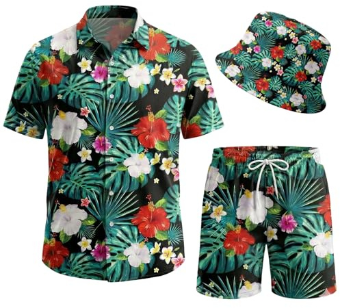 Moerstar Camicia hawaiana da uomo a maniche corte, motivo floreale tropicale, fenicotteri, palme, camicia hawaiana da uomo con pantaloncini e cappello da pescatore, camicia estiva hawaiana da uomo e