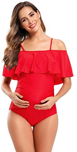 SHEKINI Premaman Costume da Bagno Donna Intero Un Pezzo Bikini Elegante Volants Ruched Bandeau Grande Taglia Costumi Interi Donna maternità Bikini da Spiaggia(XXL, Rosso)